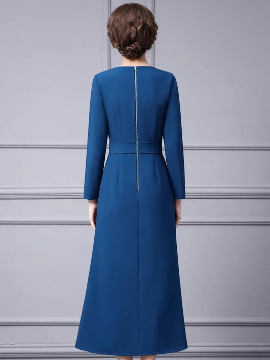 Elegant Designer Blue Long-Sleeve Midi Dress – Mermaid Style for Parties and Casual Wear - HER SHOP®