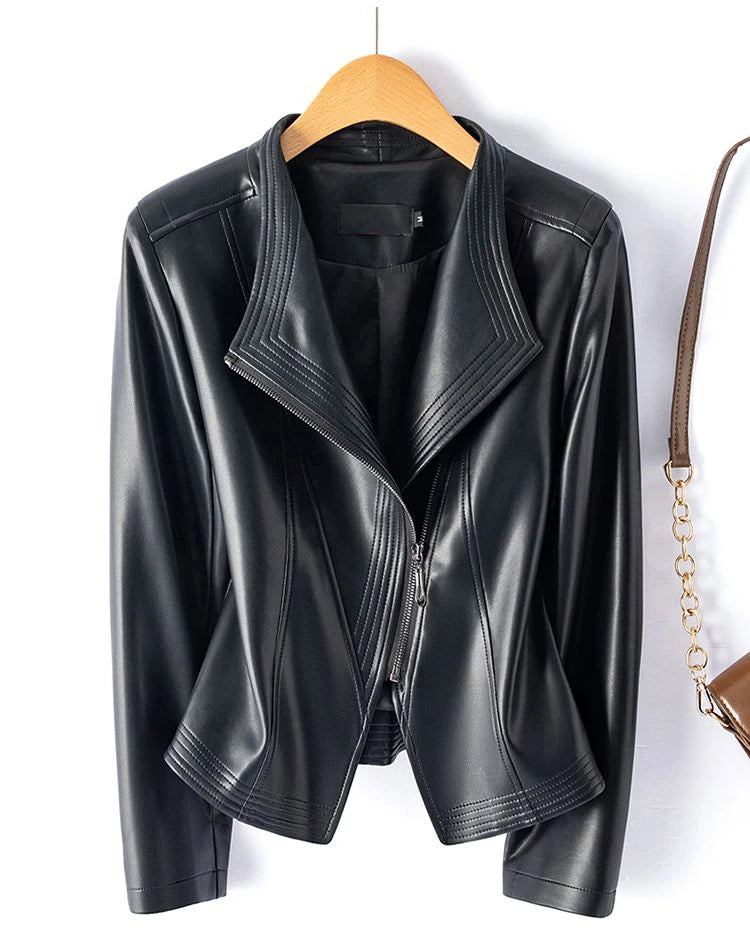 Women’s Sheepskin Leather Jacket – Short Slim Fit Split Design Coat in Black or Wine Red (M–5XL)