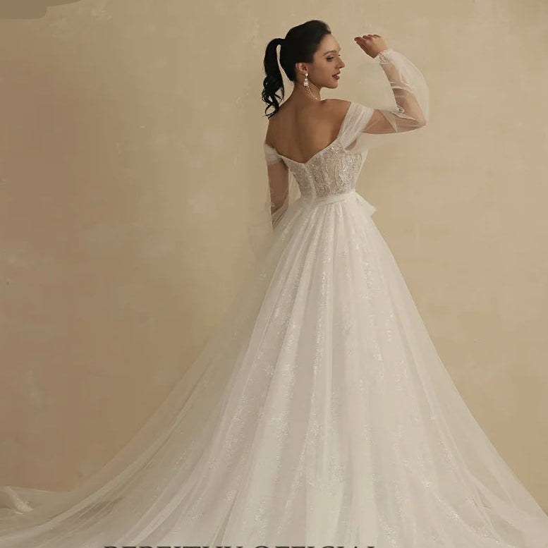 Custom A-Line Lace Wedding Dress with Off-Shoulder V-Neck and Puffy Sleeves – Elegant Bridal Gown