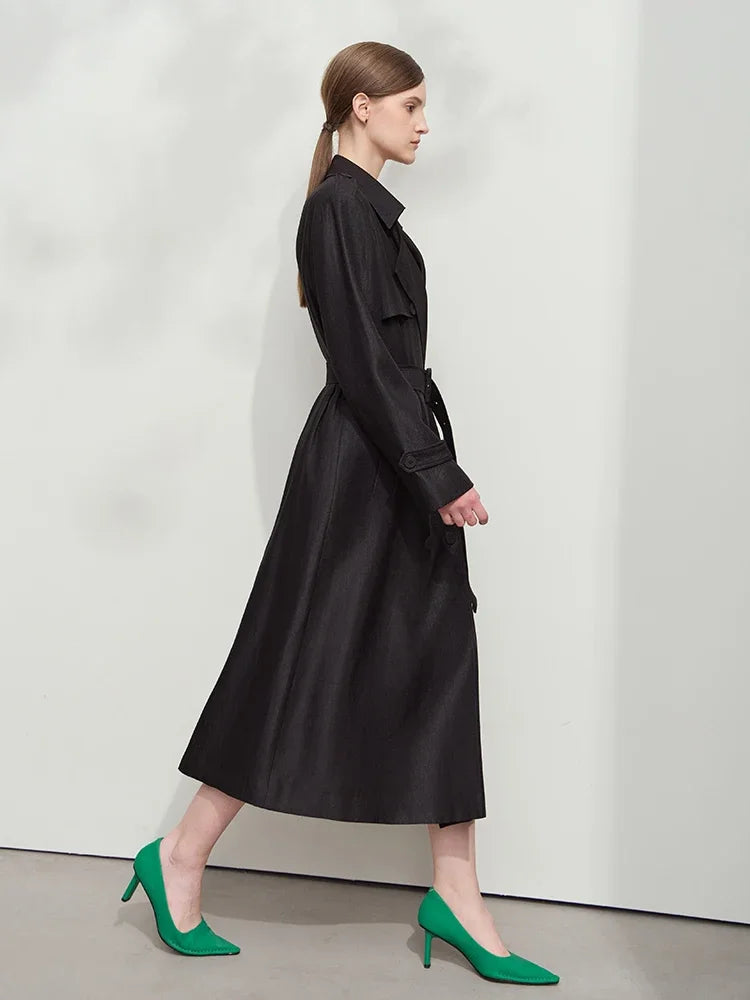 Minimalist Wide-Waist Trench Coat for Women - 2025 Spring/Summer Long Double-Breasted Overcoat with Turn-Down Collar