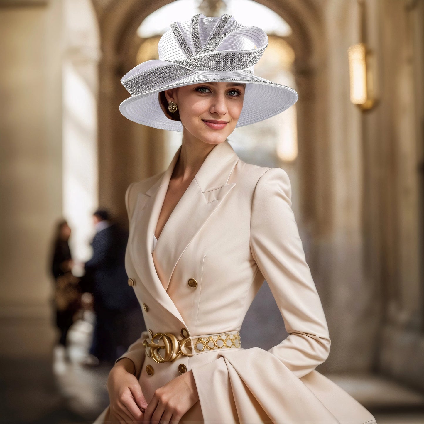 Woman in a beige dress with a large white hat in an elegant interior setting