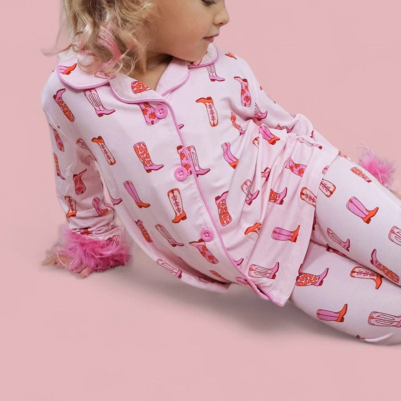 Christmas Mom and Me Matching Cowgirl Pajamas Set — Boot Print Long Sleeve Top & Pants Family Loungewear