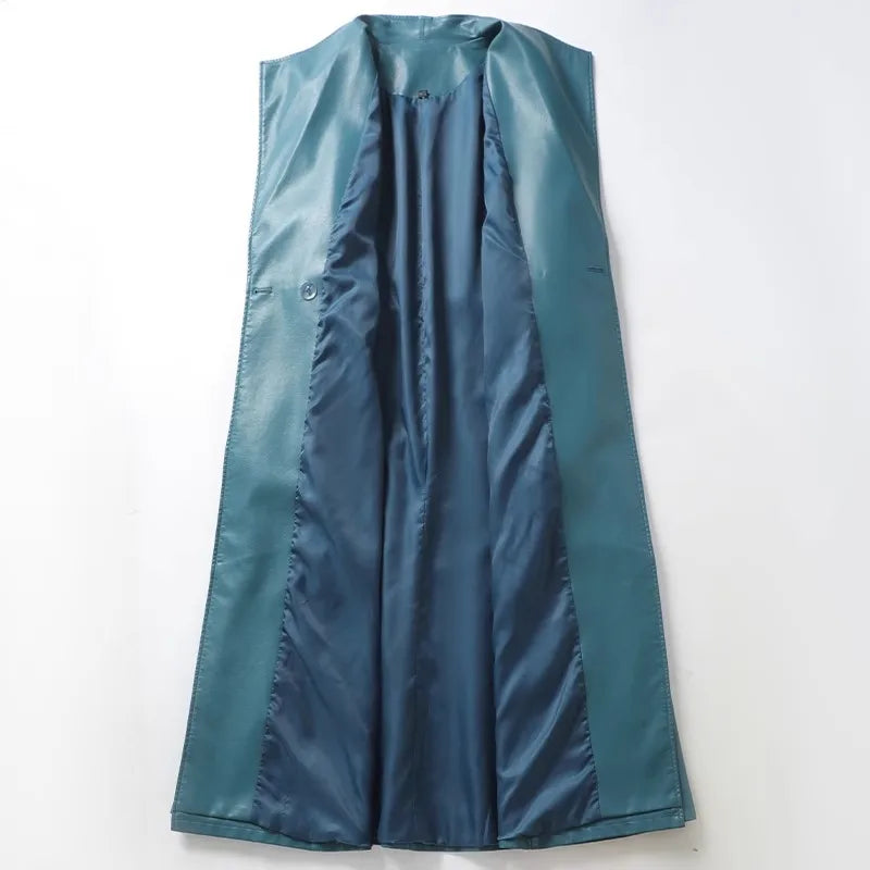 Elegant Sheepskin Leather Trench Coat for Women  –  Double Breasted Office Lady Long Coat with Pockets & Adjustable Waist