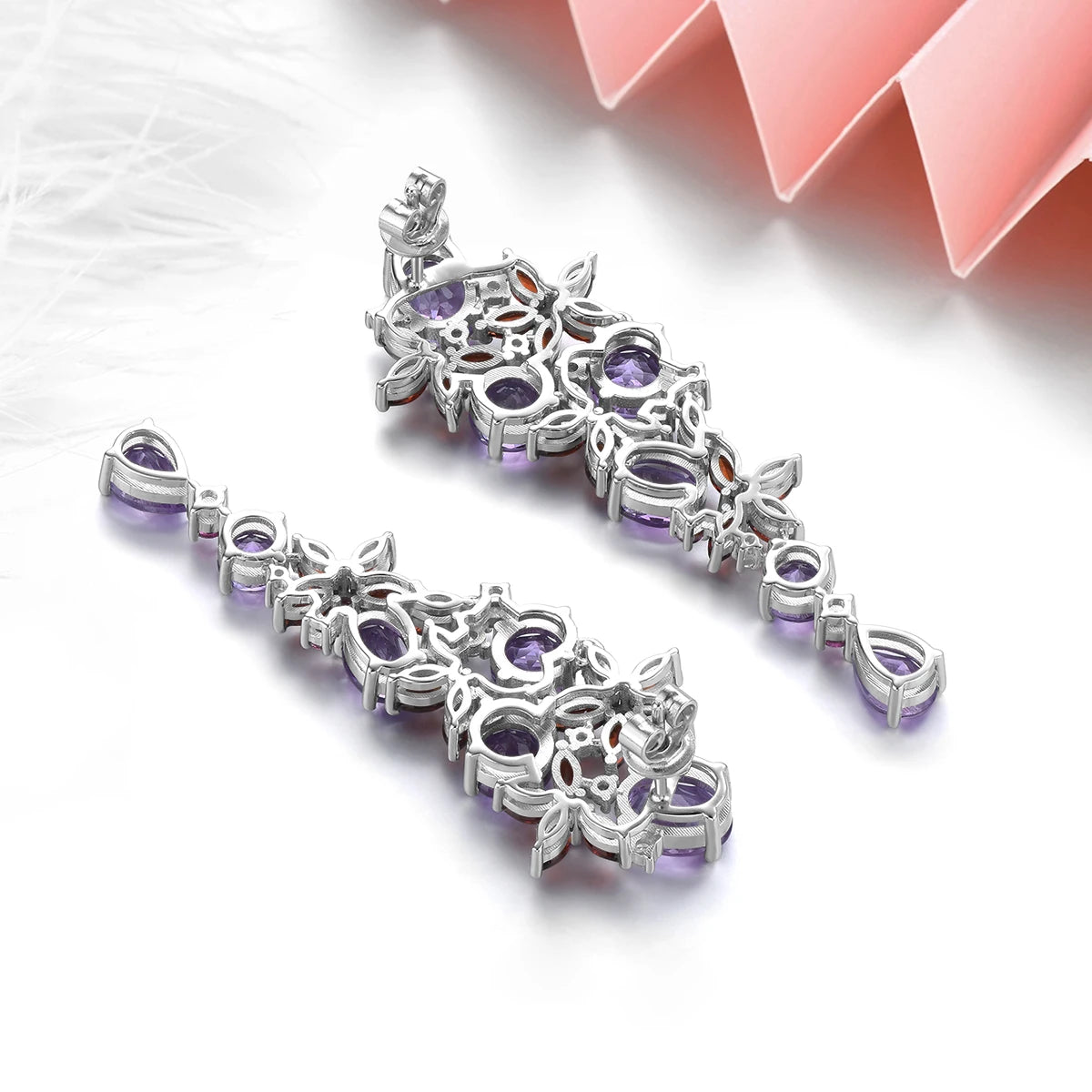 Natural Amethyst & Garnet Sterling Silver Drop Earrings – 13.8 Carat Multicolor Gemstone Fine Jewelry for Engagement