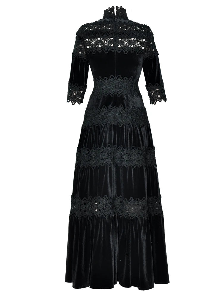 Vertical Collar Lady's Long Dress 2025 Spring And Autumn Hollow Out Stitching Lace Large Hem Women's X-Long Velvet Dresses