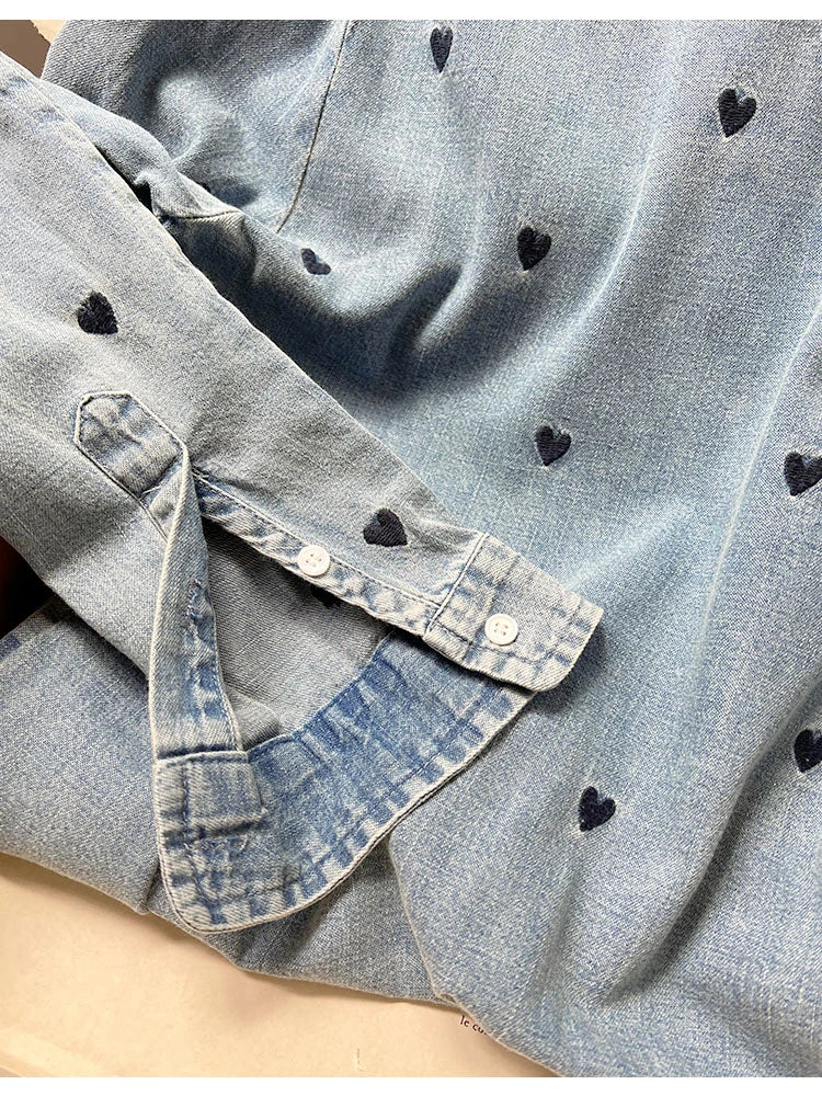 Women's Heart Embroidery Blouse - Turn-Down Collar, Single-Breasted, Fresh Long Sleeve Denim Shirt for Valentine's Day