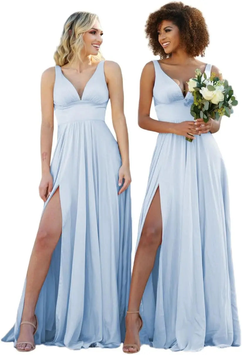 Champagne Gold Bridesmaid Dress – Elegant V-Neck Satin Chiffon Gown for Wedding, Prom & Formal Events