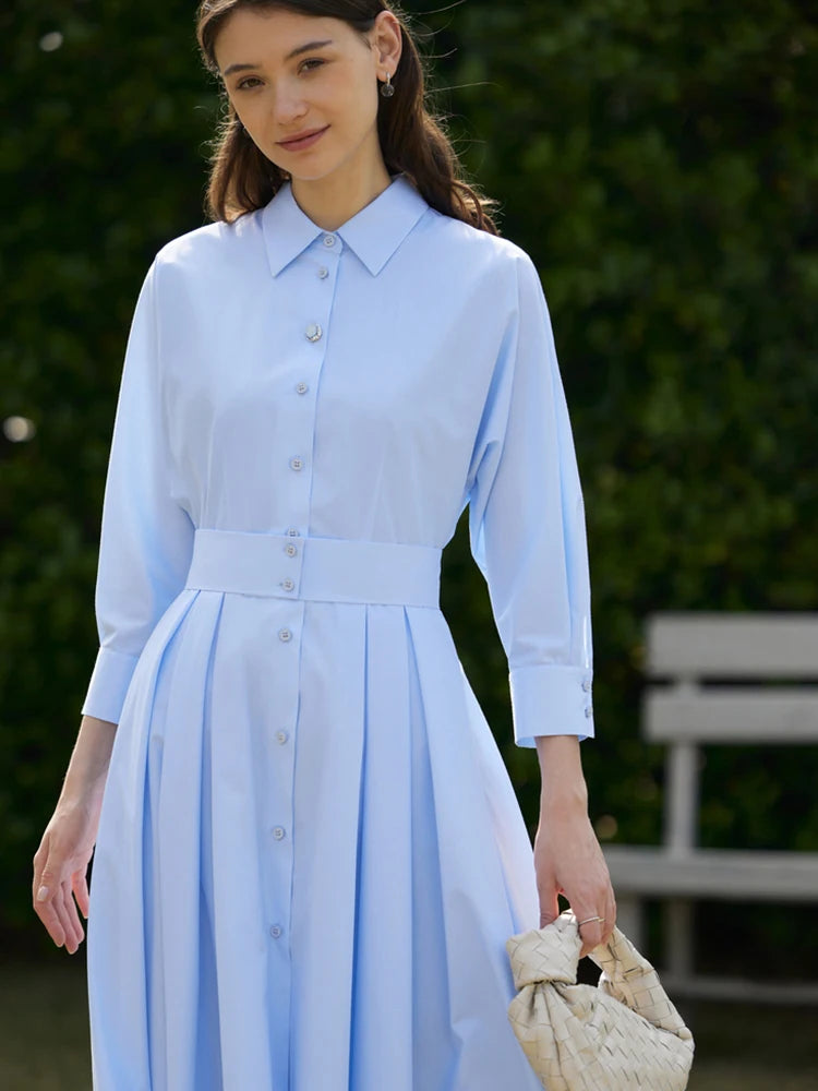 Minimalist Women's Shirt Dress – 2023 Spring Collection, White Pleated Long Dress with Waist Belt, Elegant Casual Style