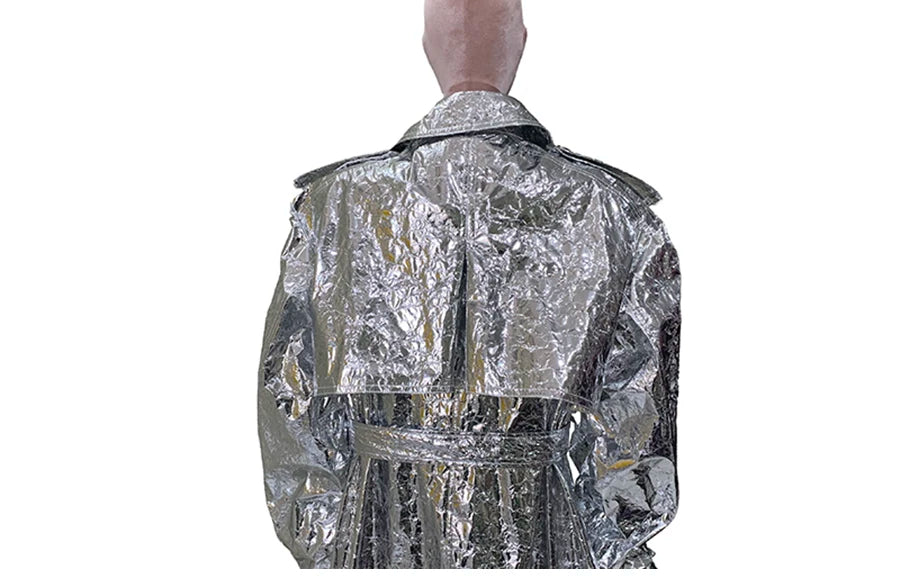 Autumn Oversized Shiny Silver Trench Coat for Women Belt Double Breasted European Fashion Emo Clothes Y2K Streetwear