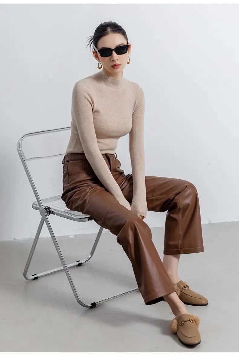Leather Long Pants Women New Commuter Waist Slim Sheepskin Wide Leg Full Length Straight Cylinder Trousers