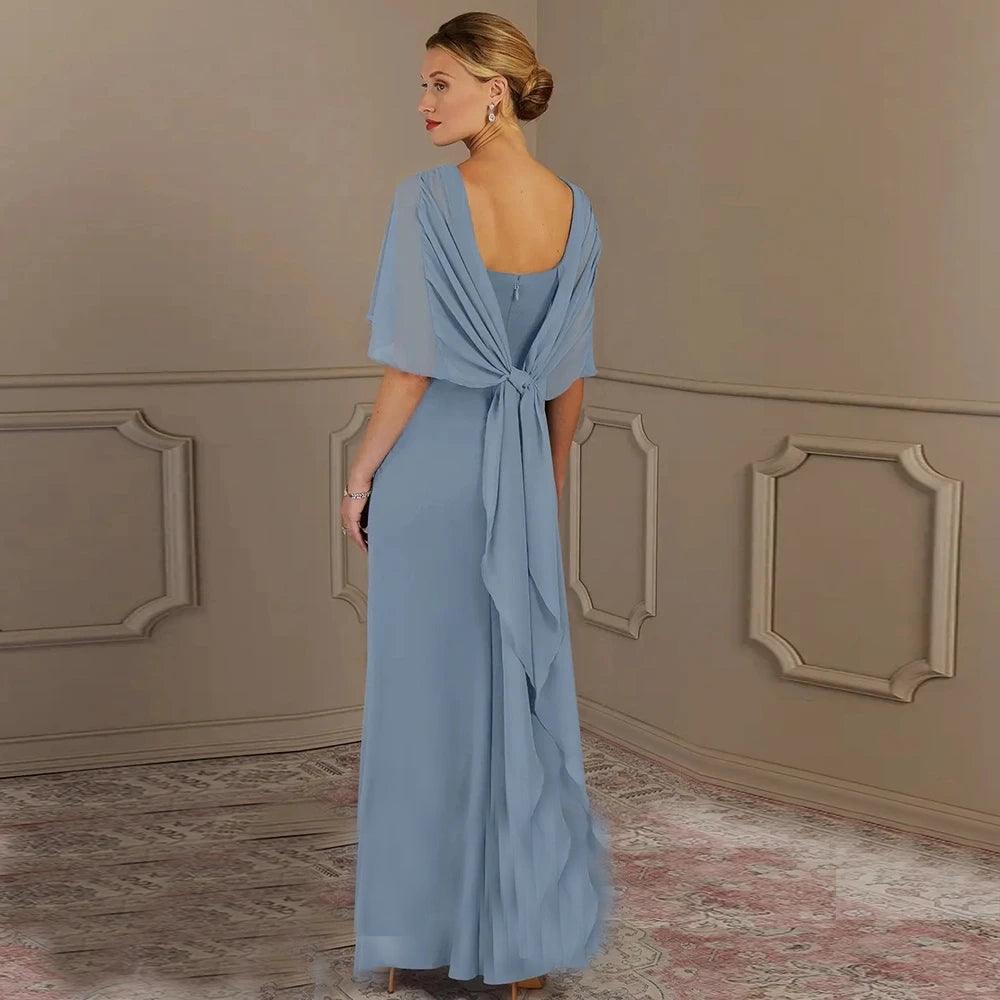 Blue Chiffon Mother of Bride Dress with Zipper Back