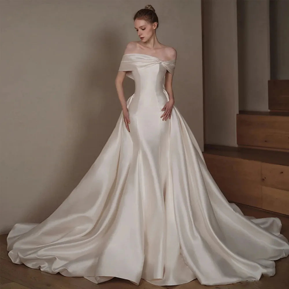 Off-Shoulder Sweetheart Neck Beaded Bow Satin 2-Piece Mermaid Wedding Dress with Detachable Train