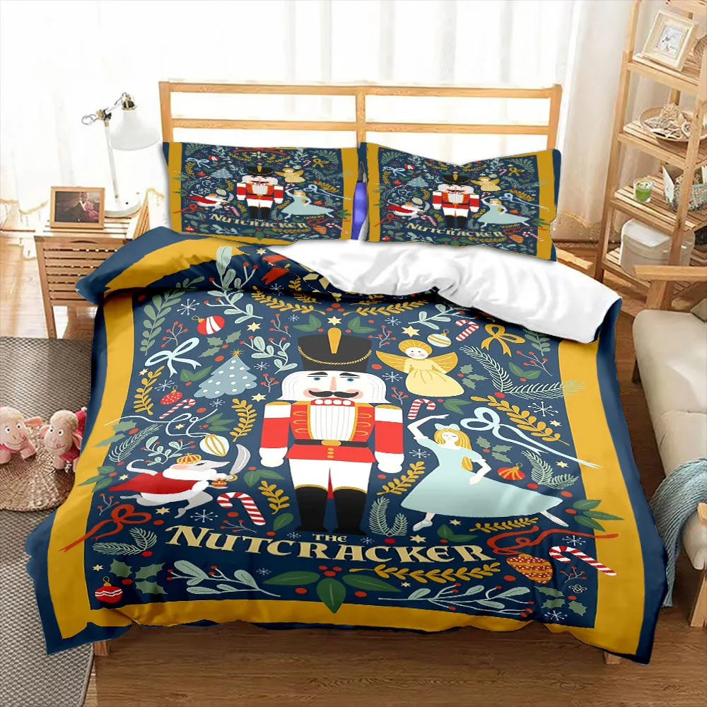 Nutcracker Cartoon Duvet Cover – Merry Christmas Bedding Set, Holiday Gift for Kids & Adults, Royal Guard Design, Queen Size