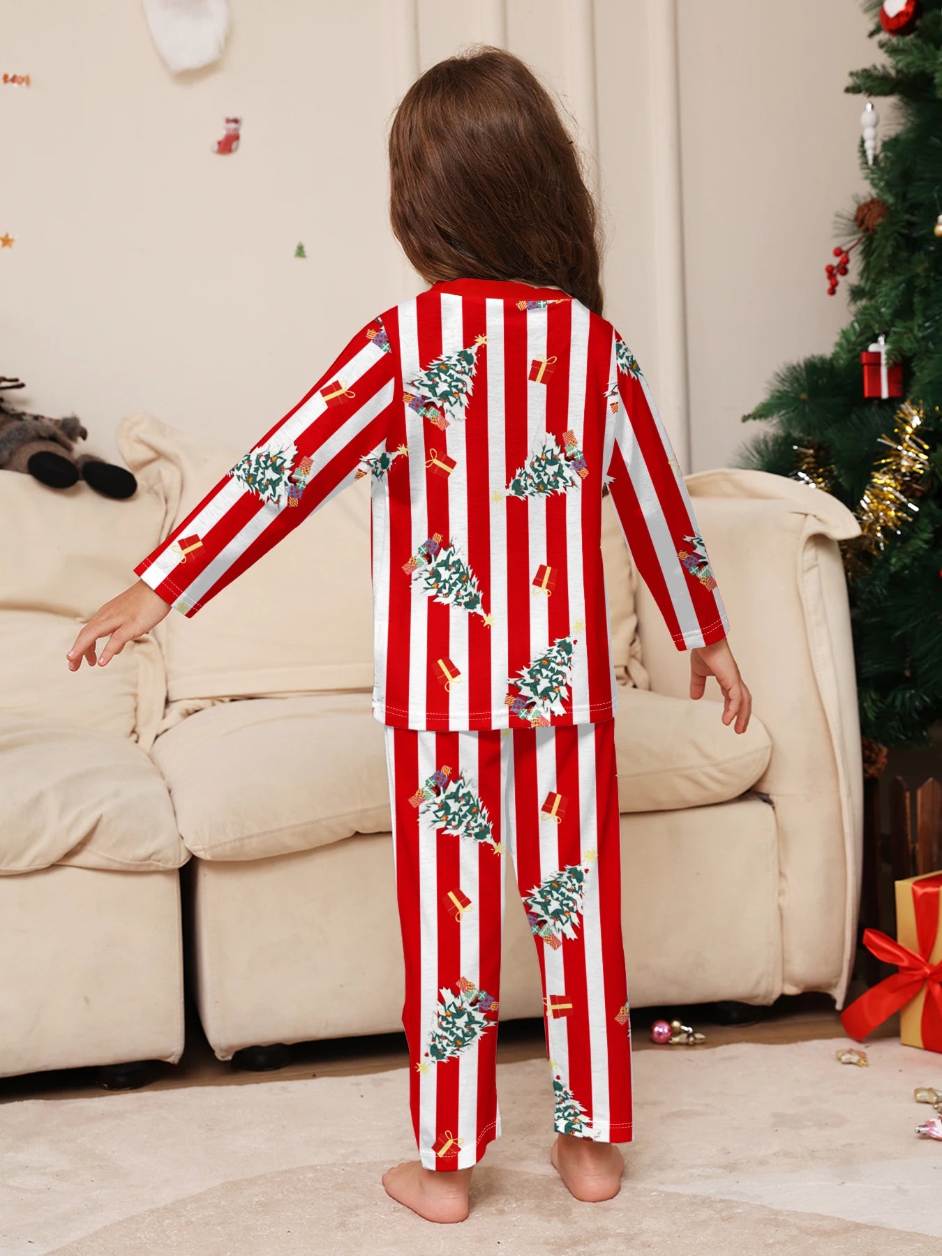 Family Matching Xmas Sleepwear - Red - White Striped Christmas Tree - Printed Pajamas