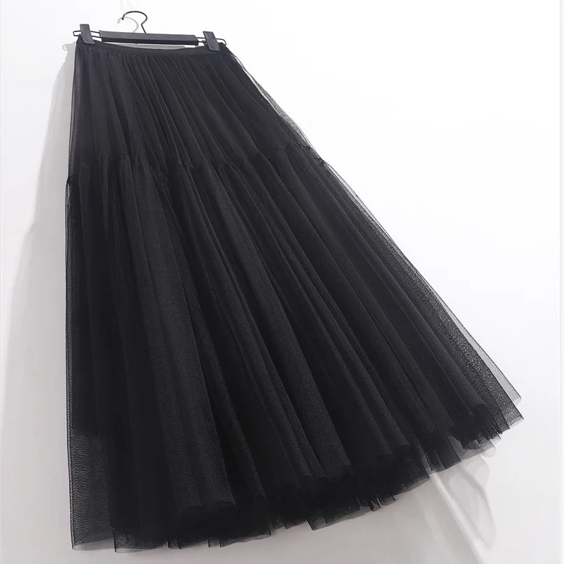 Elegant High Waist Tulle Skirt – Solid Color A-Line Mesh Tutu Skirt for Women