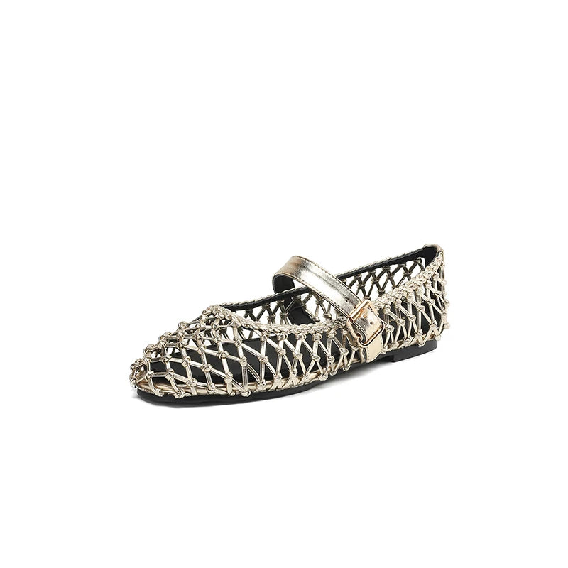 Summer Ballet Shoes Women's Mary Jane Shoes Women's Flat Bottom Mesh Fishing Net Handmade Single Shoes Genuine Leather Sandals