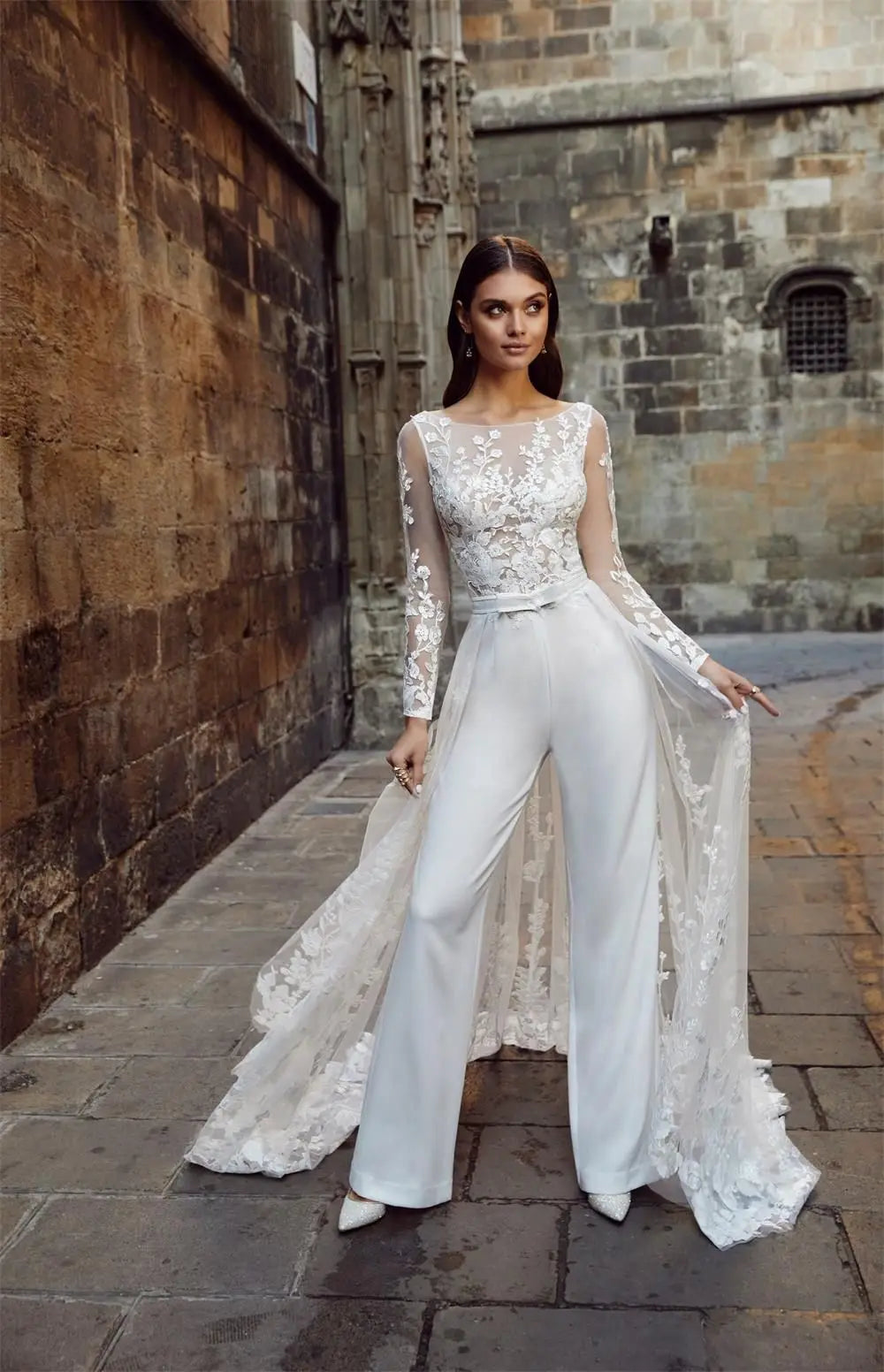 Illusion Long Sleeve Wedding Jumpsuit with Removable Train | Lace Floral Sheer Custom Bohemian Beach Bridal Pant Suit
