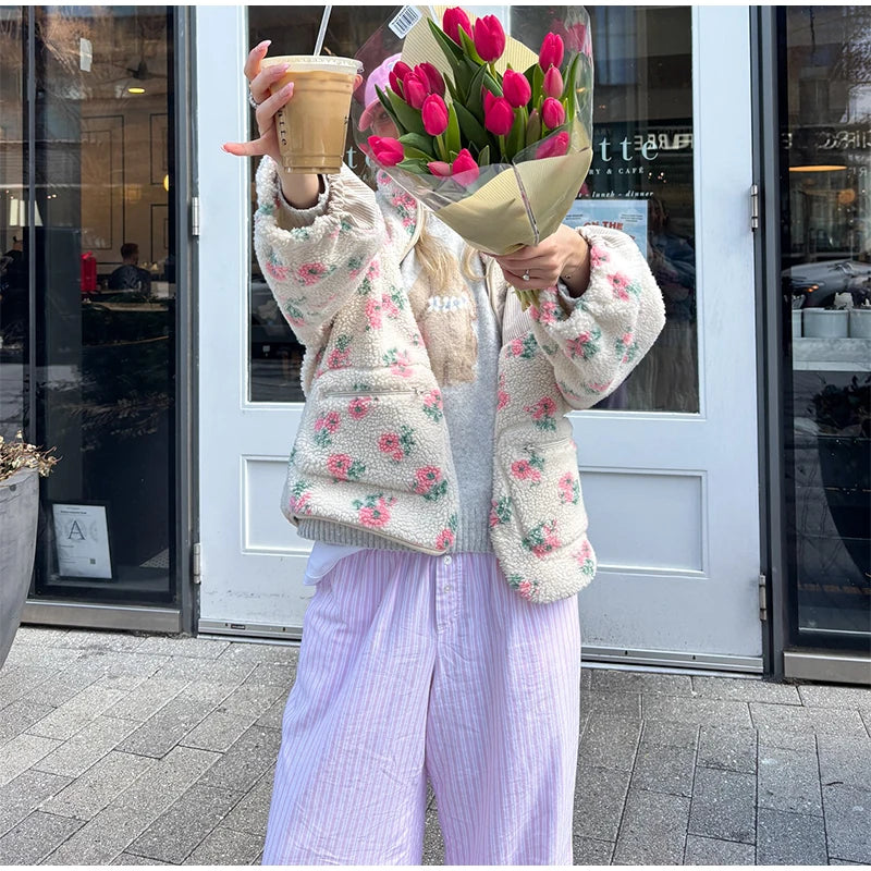 Retro Printed Plush Zipper Short Jacket Women Casual Loose High Neck Pocket Jackets Coat Lady 2025 Versatile Chic Street Outwear