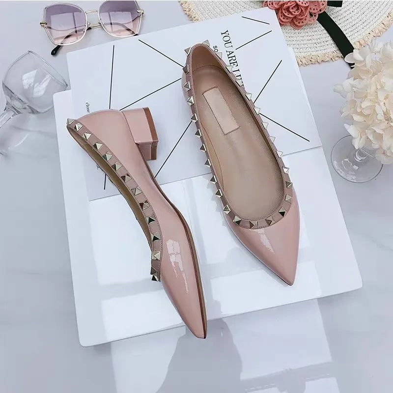 Luxury Leather Rivet High Heels | Designer Pointed Toe Square Heel Pumps for Women