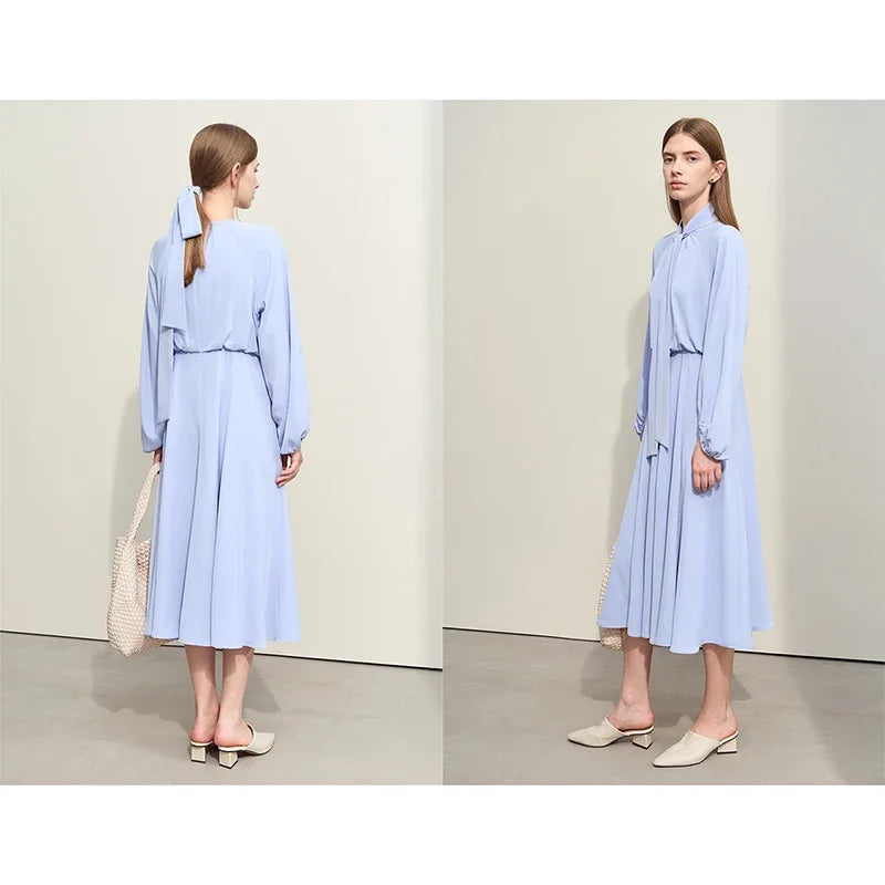 Minimalist Women's Chiffon Dress - 2024 Spring Collection, Solid Color, Loose A-Line Design, Lantern Sleeves, Long Dress with Detachable Belt