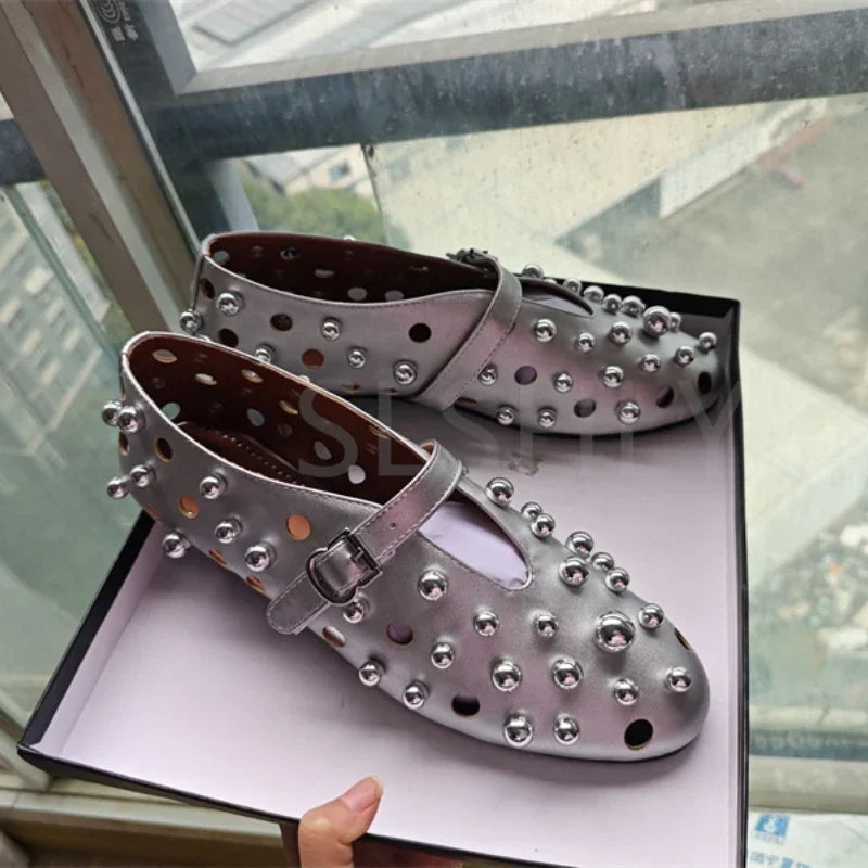 New Rivet Round Head Flat Shoes Orange Leather Sandal Buckle Ballet Sandal Silver Hollow Mary Jane Shoes Lipstick Key Bag 34-45