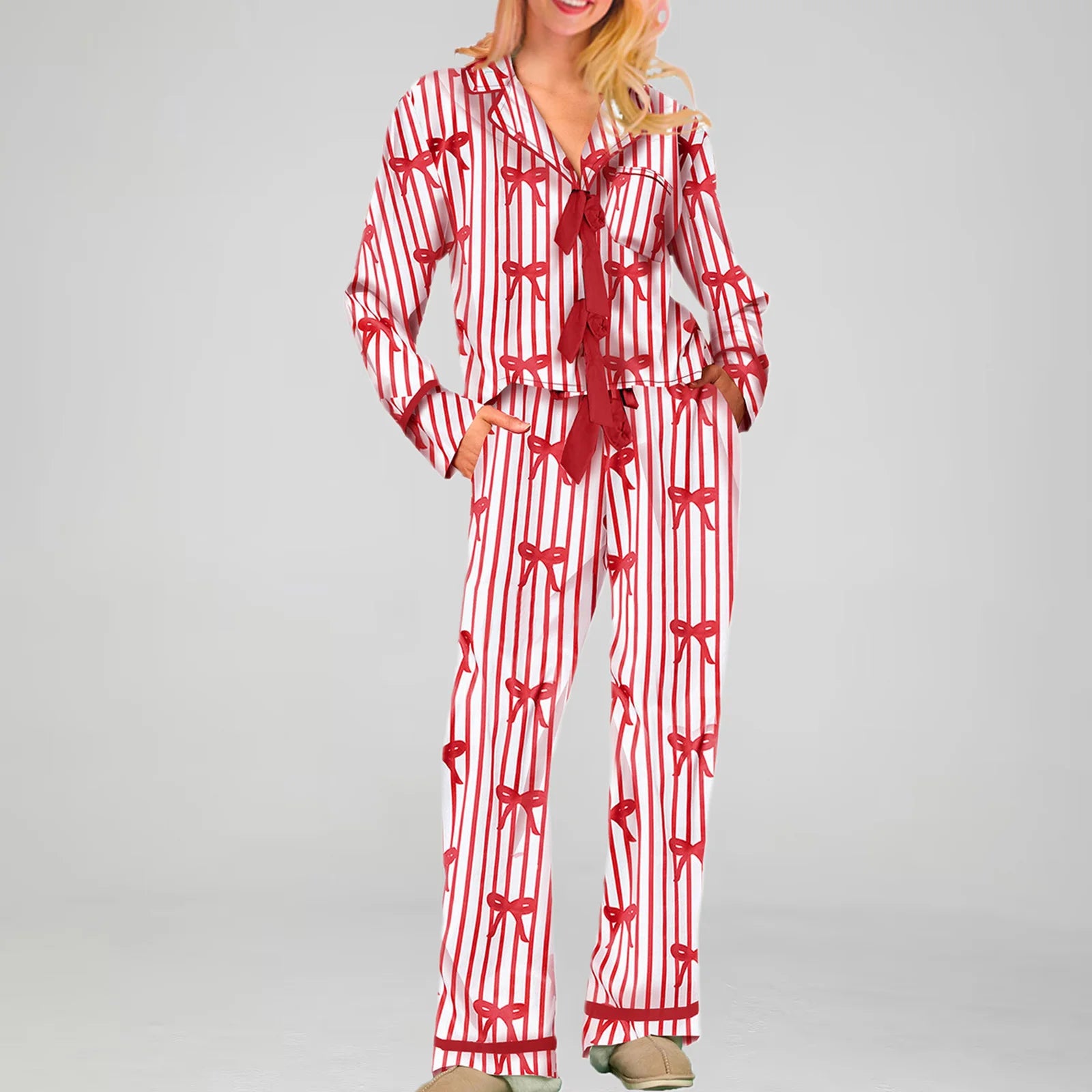 Mommy and Me Matching 2Piece Bow/Heart Print Pajamas Set Tie Front Long Sleeve Lapel Neck Tops+ Pants Family Matching Sleepwear