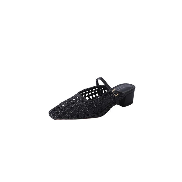 2025 Braided Slipper Women Covered Pointed Toe Buckle Up Mules Female Med Chunky Heels Daily Outdoor Breathable Slides