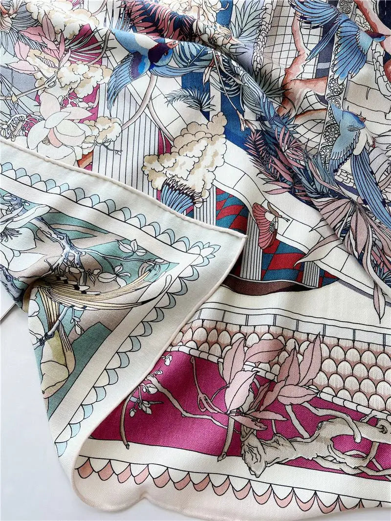 Women’s Large Square Wool & Silk Blanket Scarf – Double-Sided Printed Shawl Cape, 130×130cm