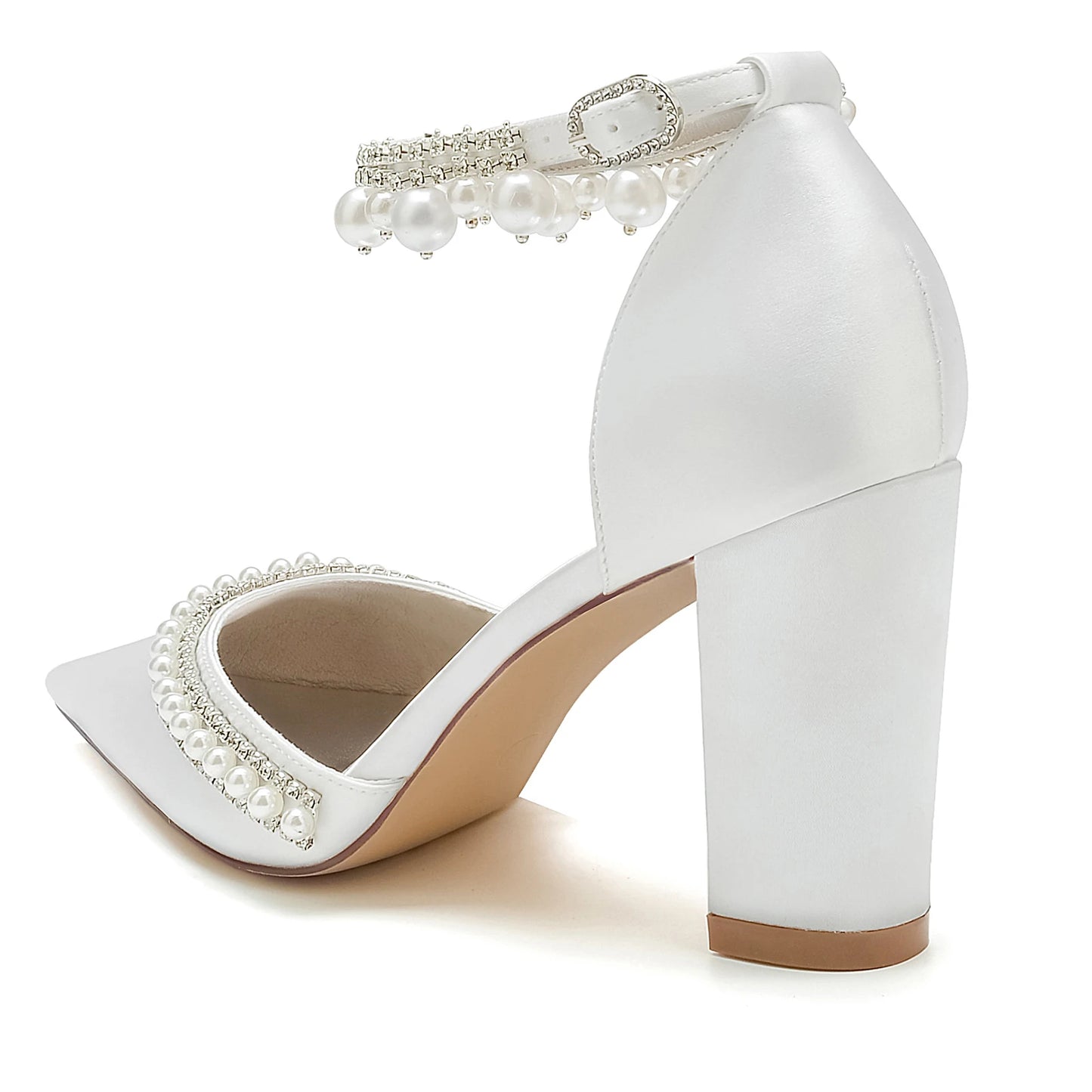 Elegant Satin Evening Pumps with Thick Block Heel, Pearls & Ankle Strap – Bridal, Prom, Party Shoes
