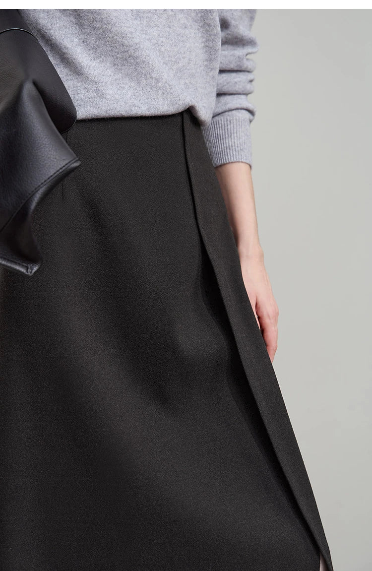 Minimalist Women's Brown Midi Skirt  |  2025 Autumn Retro Brushed Twill Side Slit Office Lady Skirt