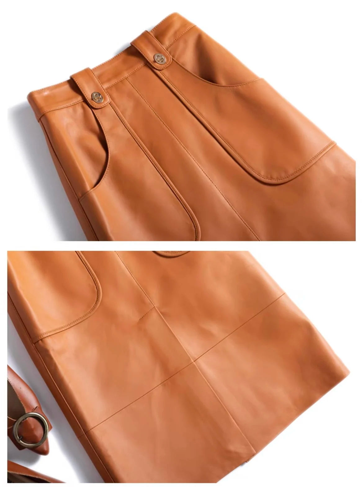 Fashion New Genuine Leather Office Lady for Women Sheepskin Elastic Waist Wrap Long Faldas Mujer Mid Length Front Slit Pocket