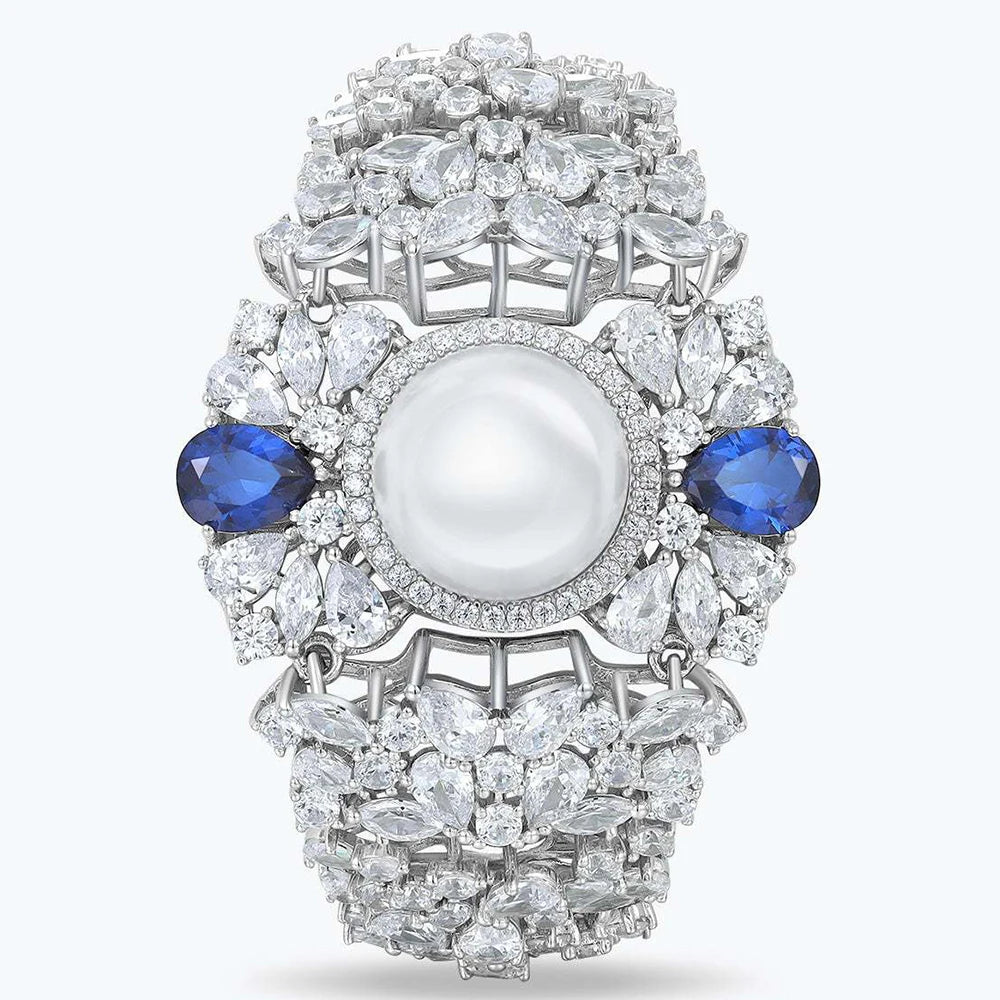 Luxury silver ring with pearl and sapphires, featuring wuha brand logo.