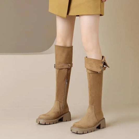 Flock Fur Over-the-Knee Winter Boots – Round Toe, Lace-Up, Zipper & Buckle Design, Thick Medium Heels, Warm Punk Snow Riding Style - HER SHOP