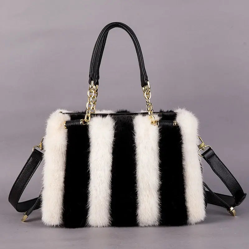Fur Crossbody Handbag for Women, Female Phone Shoulder Bag, Girls' Wallet, Geometric Mink Fur Handbag, Winter