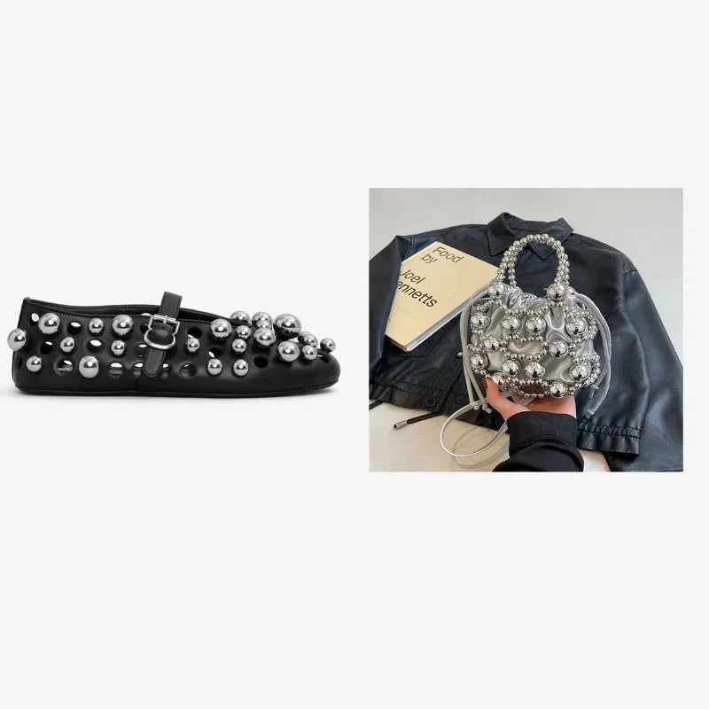 New Rivet Round Head Flat Shoes Orange Leather Sandal Buckle Ballet Sandal Silver Hollow Mary Jane Shoes Lipstick Key Bag 34-45