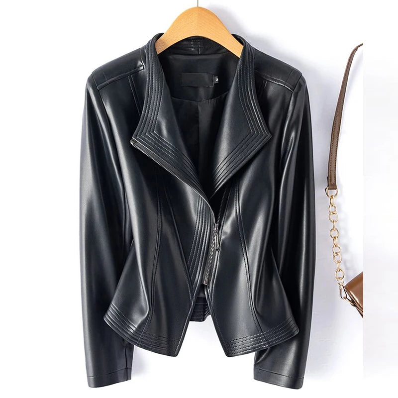 Women’s Sheepskin Leather Jacket – Short Slim Fit Split Design Coat in Black or Wine Red (M–5XL)