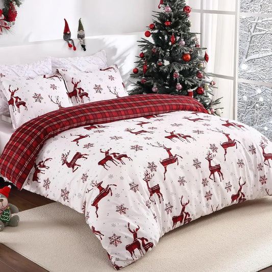 Merry Christmas Duvet Cover Set – Red Bedding with Elk and Snowflake Design, Perfect for Holiday Bedroom Décor and New Year Gifts - HER SHOP