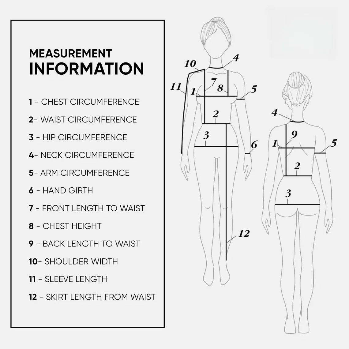 Measurement chart for clothing with labeled body parts and corresponding measurements.