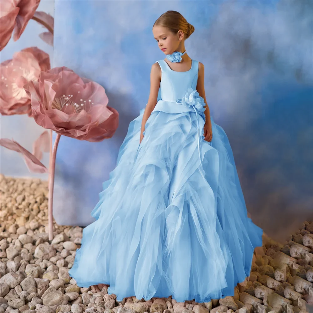 Flower Pleat Square Neck Sleeveless Communion Dress For Girl Floor Length Luxury Summer Sweep Train Wedding Party Gown New 2025