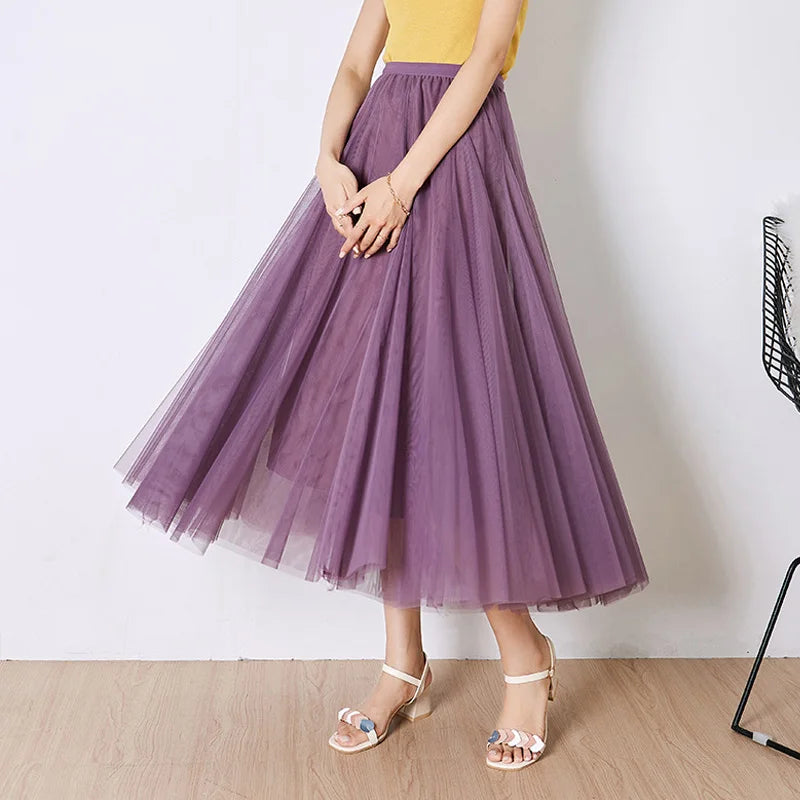 Elegant Beige Tulle Maxi Skirt – High Waist A-Line Mesh Long Skirt for Women