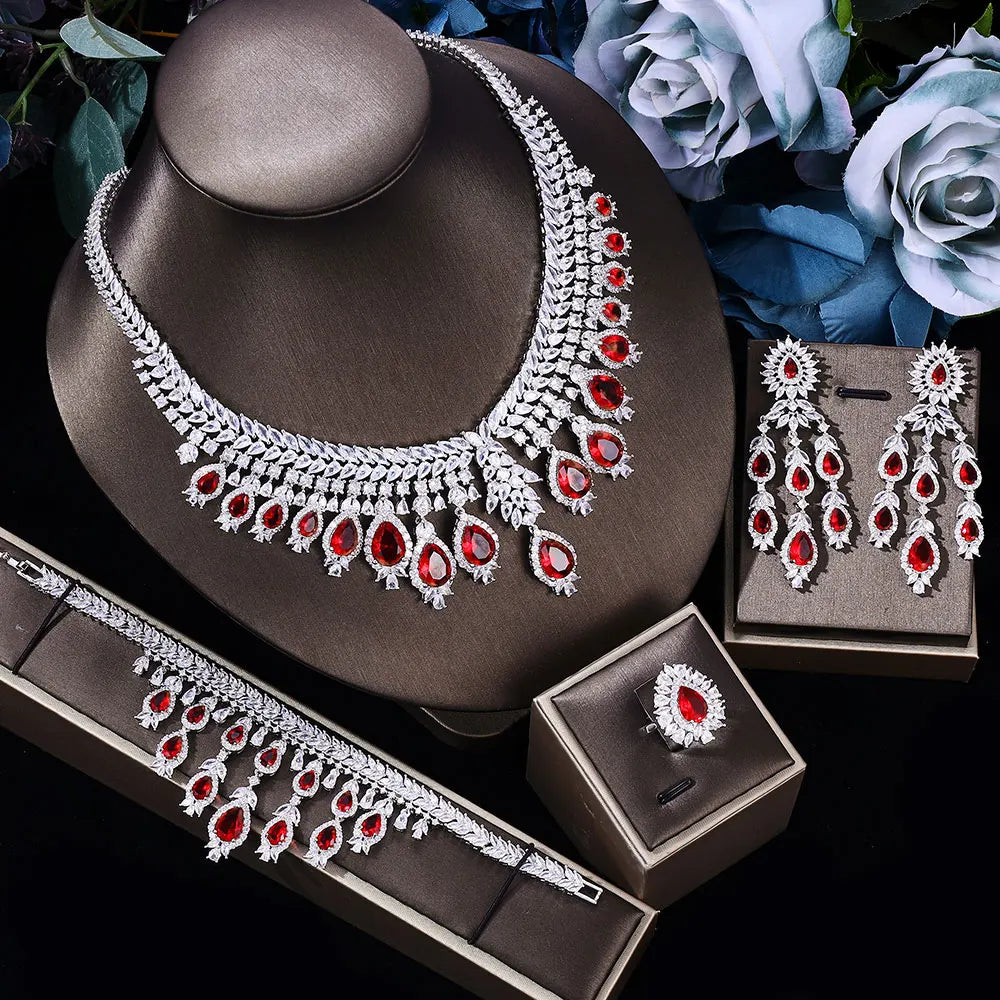 Luxury 4-Piece Bridal Wedding Jewelry Set | 3A Zircon Crystal Necklace Set | Dubai-Inspired Hot Selling Jewelry