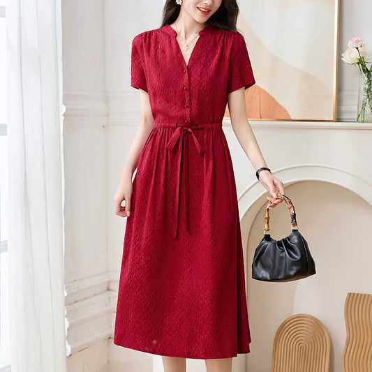 19 Momme Real Silk Elegant Fashion Dresses For Women 2026 Summa19 Momme Real Silk V-Neck Midi Dress – Elegant Drawstring A-Line Office Dress for Womener V-neck Short Sleeve Drawstring Office Lady Long Dress A-line - HER SHOP®