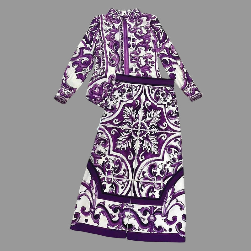 Elegant Women's Silk Top & Printed Cotton Skirt Set – 2-Piece Turn-Down Collar Outfit
