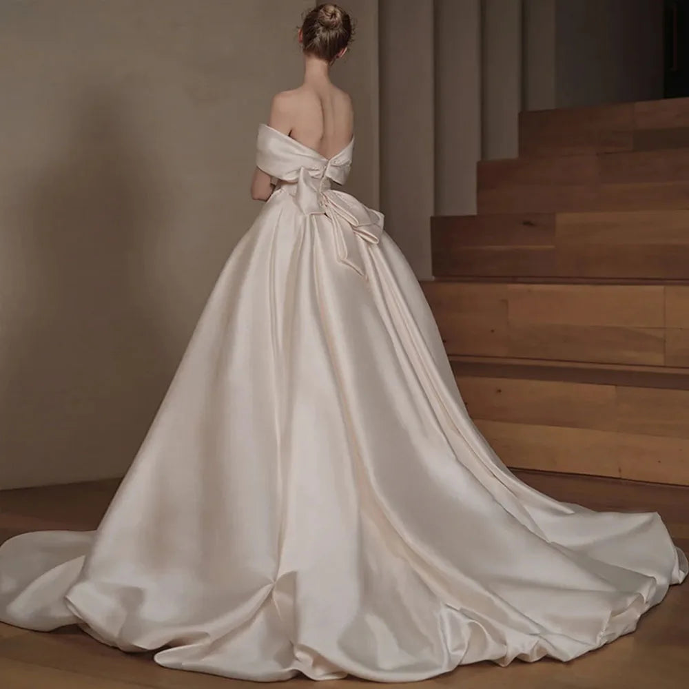 Off-Shoulder Sweetheart Neck Beaded Bow Satin 2-Piece Mermaid Wedding Dress with Detachable Train