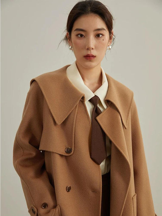 Women's Winter Double-Breasted Woolen Jacket – Short Loose Fit with Belt, Navy Collar, Office Lady Coat - HER SHOP