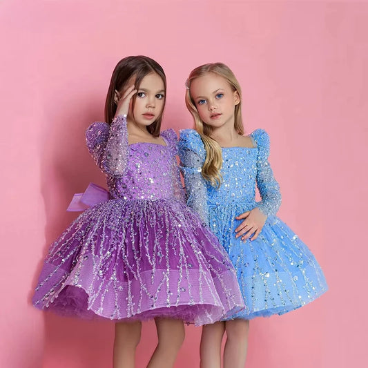 Girls Dress Sequin Mesh Long-sleeved Birthday Party Outfit Matching BabyProm New children's Clothes Opening Ceremony - HER SHOP®