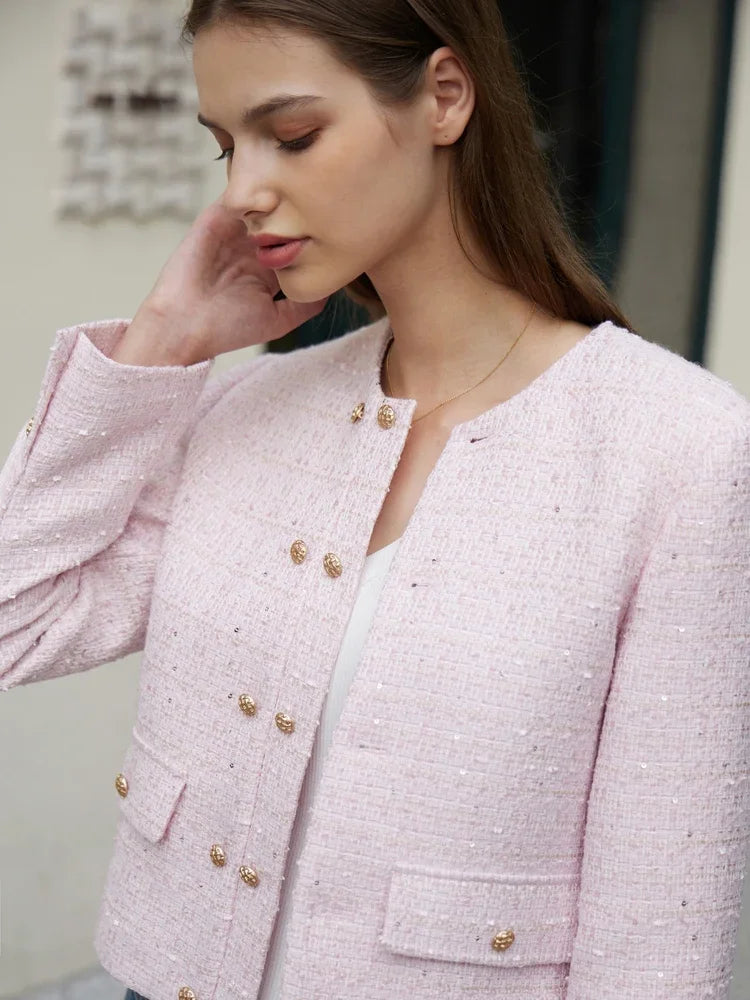 Minimalist Women's Jacket - Spring Collection, Elegant Round Neck, Straight Shoulder, Light Tuxedo-Style Short Coat
