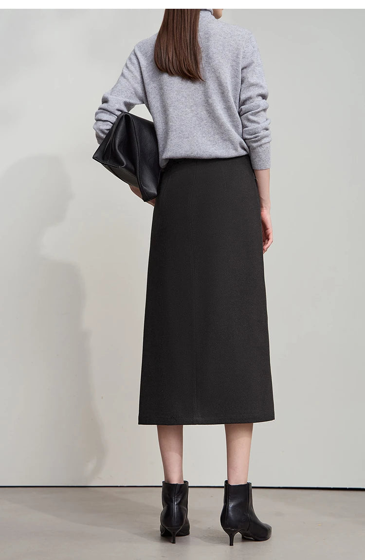 Minimalist Women's Brown Midi Skirt  |  2025 Autumn Retro Brushed Twill Side Slit Office Lady Skirt
