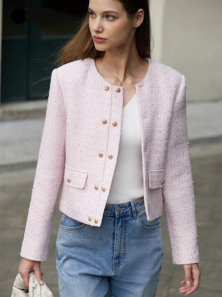 Minimalist Women's Jacket - Spring Collection, Elegant Round Neck, Straight Shoulder, Light Tuxedo-Style Short Coat
