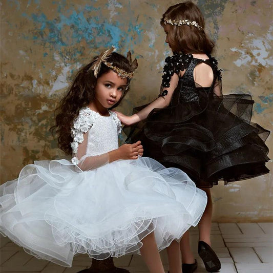 Long Sleeve Sequin Flower Girl Dress with 3D Floral Appliques - Jewel Neck, Tulle, Knee-Length Party & Pageant Gown - HER SHOP®